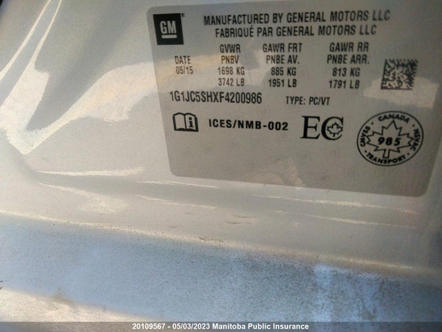 Chevrolet SONIC LT 2015 1G1JC5SHXF4200986 Image 9