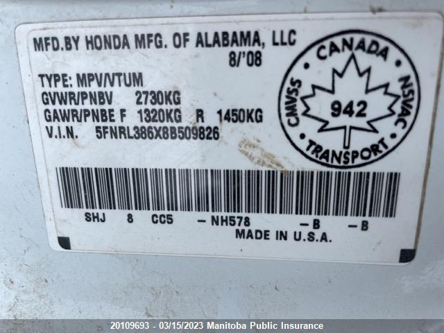 Honda Odyssey Ex-l  2008 5FNRL386X8B509826 Image 9
