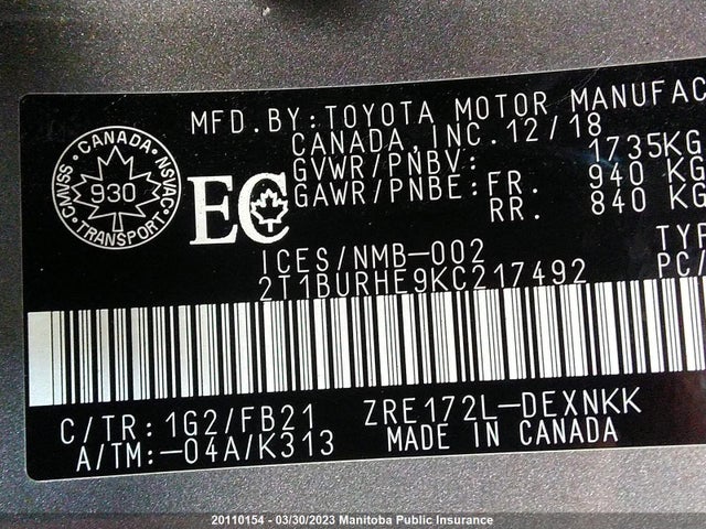 Toyota COROLLA LE 2019 2T1BURHE9KC217492 Image 9