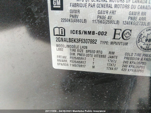 Chevrolet EQUINOX LT 2015 2GNALBEK3F6307882 Image 10