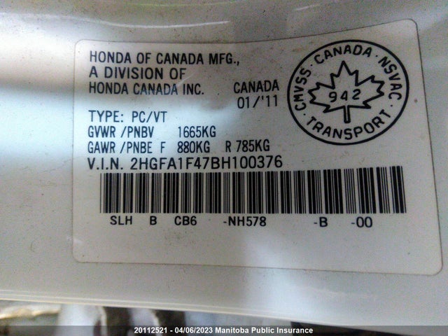 2011 Honda Civic Dx მანქანა იყიდება აუქციონზე, vin: 2HGFA1F47BH100376, აუქციონის ნომერი: 20112521