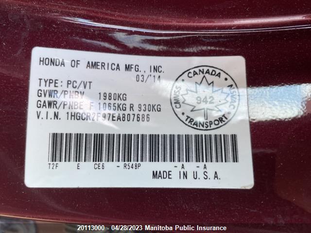 Honda Accord Touring 2014 1HGCR2F97EA807686 Image 9
