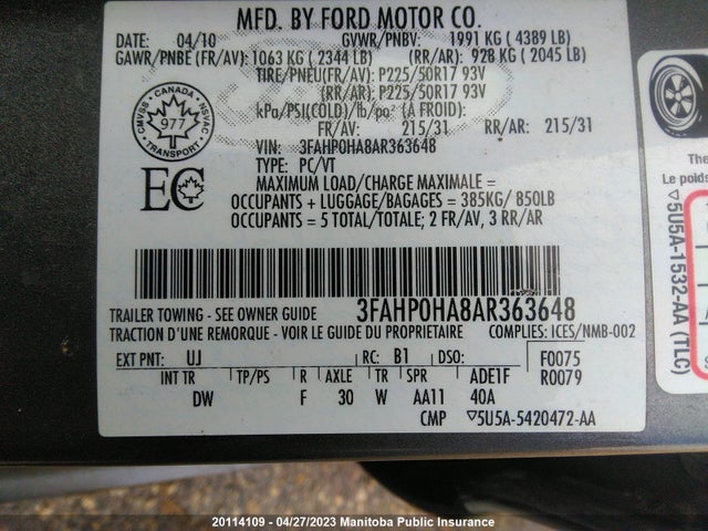 Aukcja sprzedaży 2010 Ford Fusion Se, vin: 3FAHP0HA8AR363648, numer aukcji: 20114109
