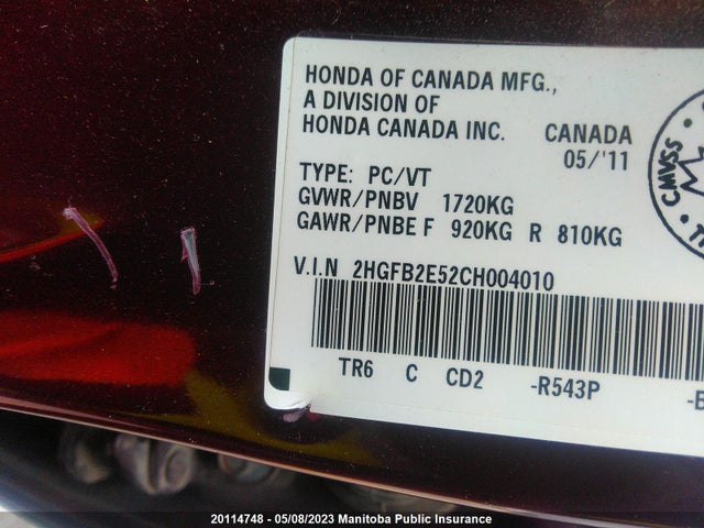 Продажа на аукционе авто 2012 Honda Civic Ex-l, vin: 2HGFB2E52CH004010, номер лота: 20114748
