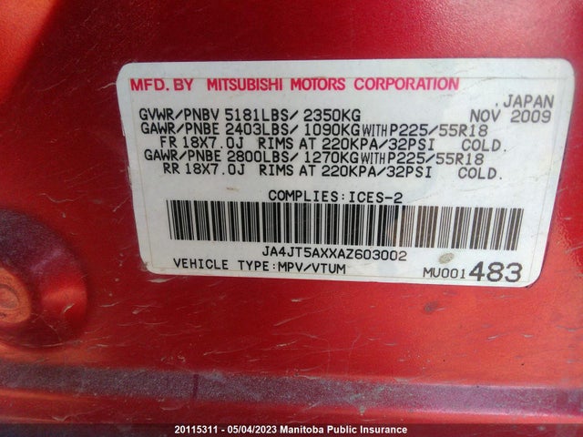 20115311 :رقم المزاد ، JA4JT5AXXAZ603002 vin ، 2010 Mitsubishi Outlander Ls مزاد بيع