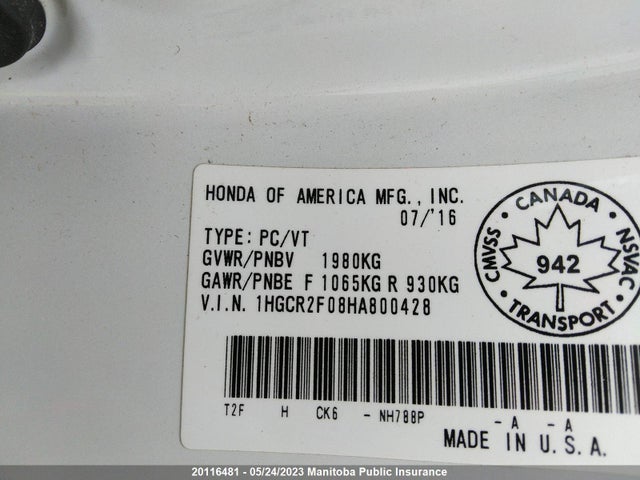 Honda Accord Touring 2017 1HGCR2F08HA800428 Image 9