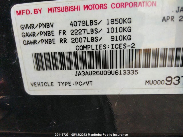 20116723 :رقم المزاد ، JA3AU26U09U613335 vin ، 2009 Mitsubishi Lancer Gt مزاد بيع