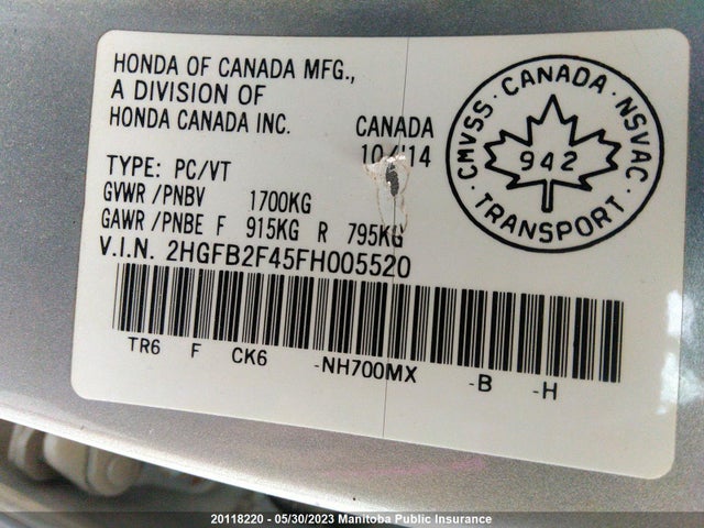Honda Civic Lx 2015 2HGFB2F45FH005520 Image 10