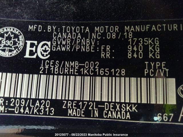 Aukcja sprzedaży 2019 Toyota Corolla Se, vin: 2T1BURHE1KC165128, numer aukcji: 20125077
