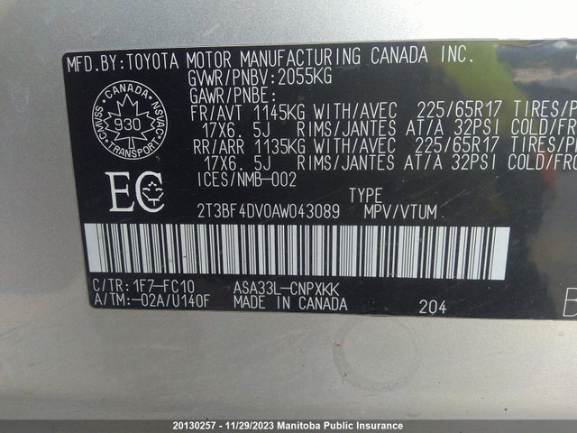 20130257 :رقم المزاد ، 2T3BF4DV0AW043089 vin ، 2010 Toyota Rav4 Sport مزاد بيع