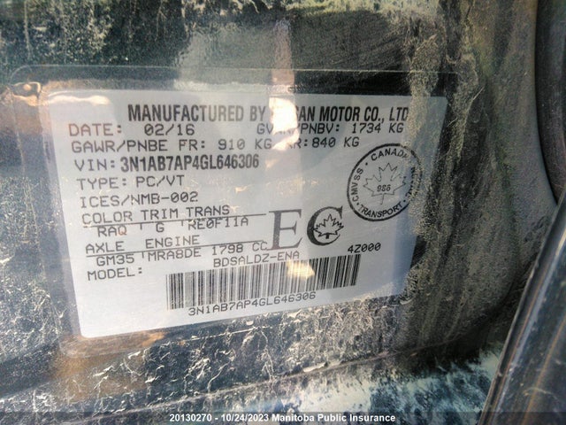 Aukcja sprzedaży 2016 Nissan Sentra 1.8 Sv , vin: 3N1AB7AP4GL646306, numer aukcji: 20130270