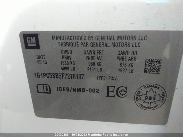 Продаж на аукціоні авто 2015 Chevrolet Cruze Lt Turbo, vin: 1G1PC5SB5F7276197, номер лоту: 20130389
