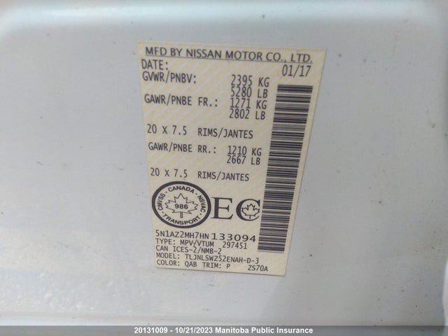 20131009 :رقم المزاد ، 5N1AZ2MH7HN133094 vin ، 2017 Nissan Murano Platinum مزاد بيع