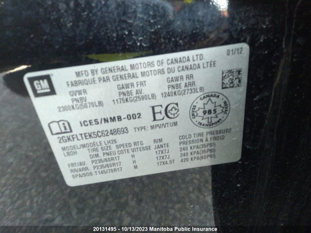 Aukcja sprzedaży 2012 Gmc Terrain Sle, vin: 2GKFLTEK5C6248693, numer aukcji: 20131495