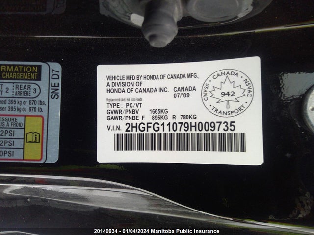 Aukcja sprzedaży 2009 Honda Civic Ex-l, vin: 2HGFG11079H009735, numer aukcji: 20140934