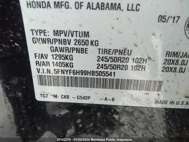 Auction sale of the 2017 Honda Pilot Touring, vin: 5FNYF6H99HB505541, lot number: 20142276