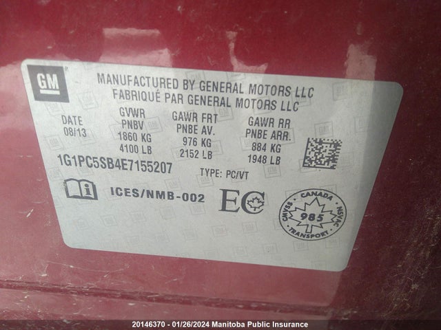 Aukcja sprzedaży 2014 Chevrolet Cruze Lt Turbo, vin: 1G1PC5SB4E7155207, numer aukcji: 20146370