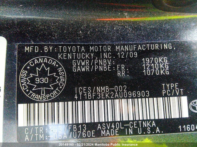 2010 Toyota Camry Le მანქანა იყიდება აუქციონზე, vin: 4T1BF3EK2AU096903, აუქციონის ნომერი: 20149160