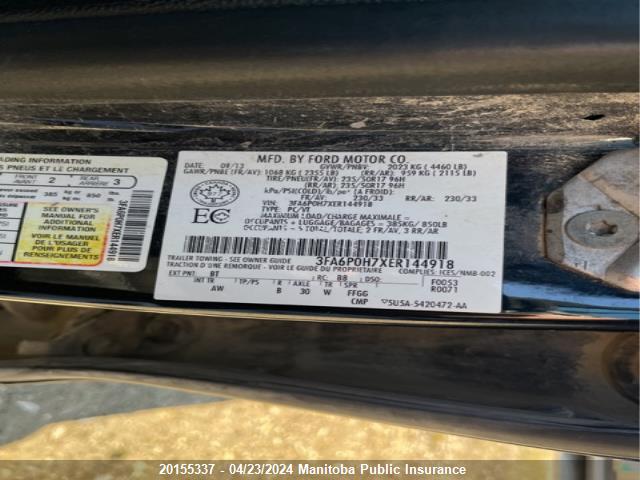 Ford FUSION SE 2014 3FA6P0H7XER144918 Image 9