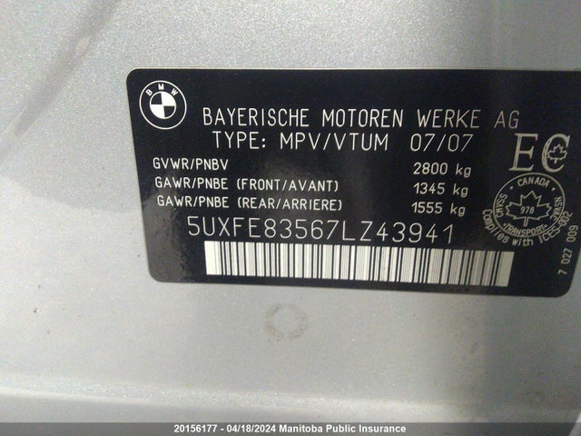 20156177 :رقم المزاد ، 5UXFE83567LZ43941 vin ، 2007 Bmw X5 4.8i مزاد بيع