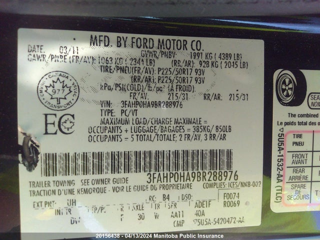 20156438 :رقم المزاد ، 3FAHP0HA9BR288976 vin ، 2011 Ford Fusion Se مزاد بيع