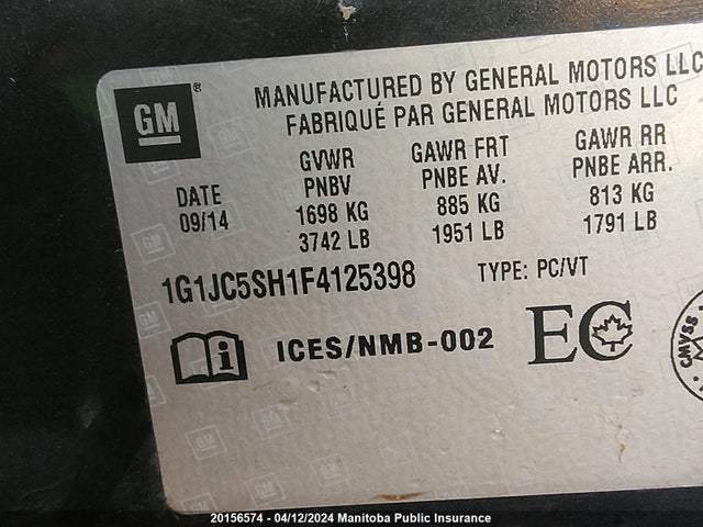 Chevrolet SONIC LT 2015 1G1JC5SH1F4125398 Image 9