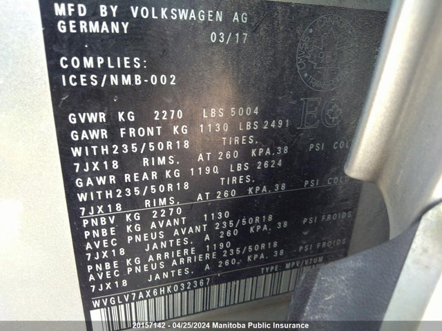 WVGLV7AX6HK032367 Volkswagen Tiguan 2.0 Tsi