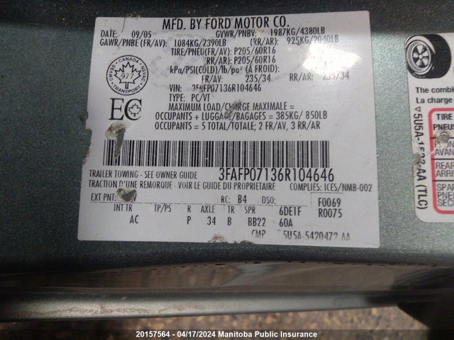 2006 Ford Fusion Se V6  მანქანა იყიდება აუქციონზე, vin: 3FAFP07136R104646, აუქციონის ნომერი: 20157564