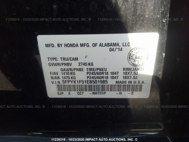 Honda Ridgeline Rtl 2014 5FPYK1F51EB501985 Image 9