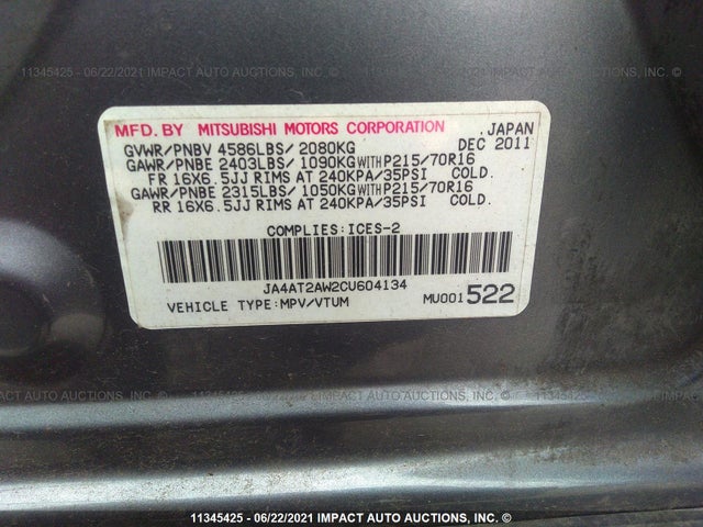 JA4AT2AW2CU604134 Mitsubishi Outlander Es