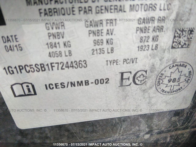 Chevrolet CRUZE LT 2015 1G1PC5SB1F7244363 Image 9