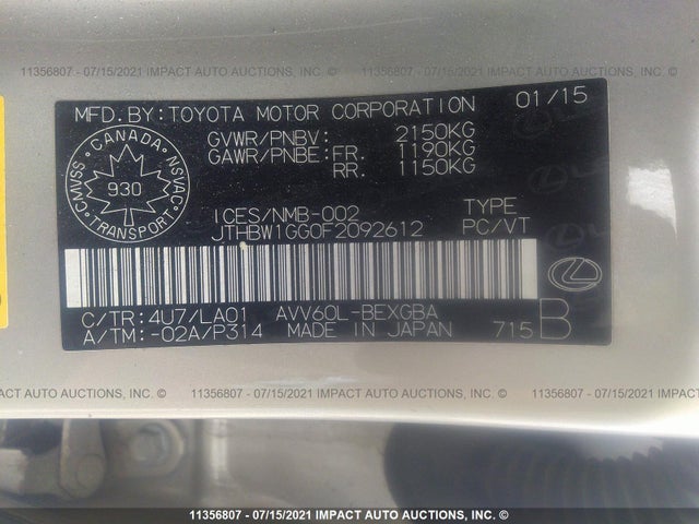 JTHBW1GG0F2092612 Lexus ES 300H