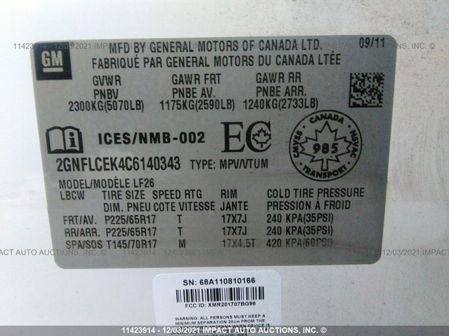 Chevrolet EQUINOX 2012 2GNFLCEK4C6140343 Image 10