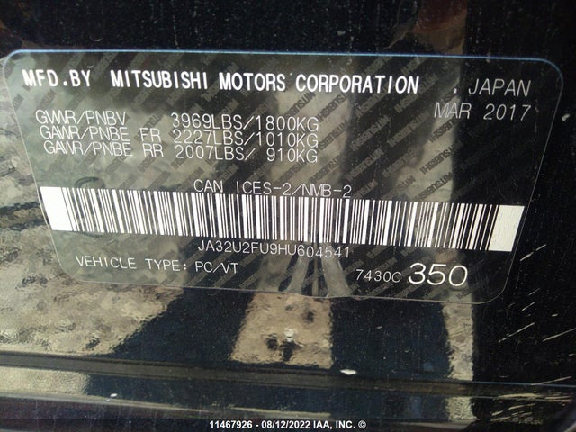 JA32U2FU9HU604541 Mitsubishi LANCER ES