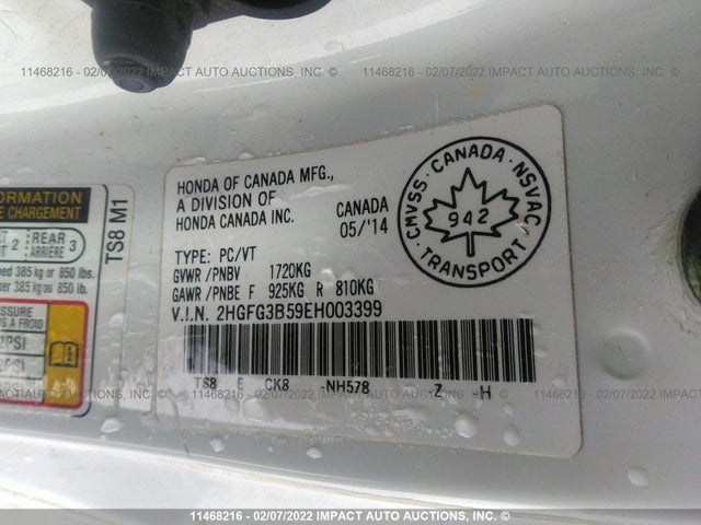 Honda Civic Lx 2014 2HGFG3B59EH003399 Image 9