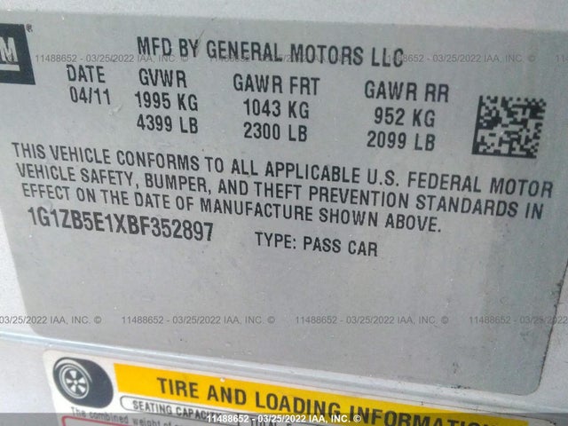 Chevrolet MALIBU LS 2011 1G1ZB5E1XBF352897 Image 9
