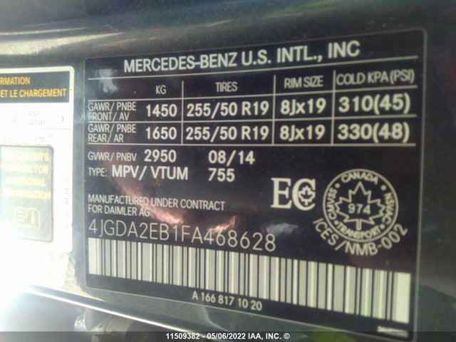 4JGDA2EB1FA468628 Mercedes-Benz Ml 350 Bluetec