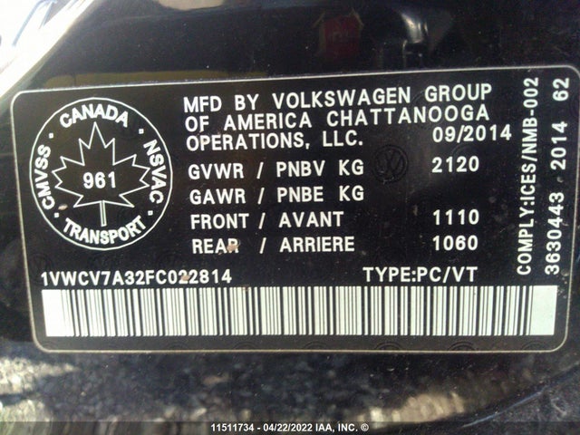 1VWCV7A32FC022814 Volkswagen PASSAT SEL