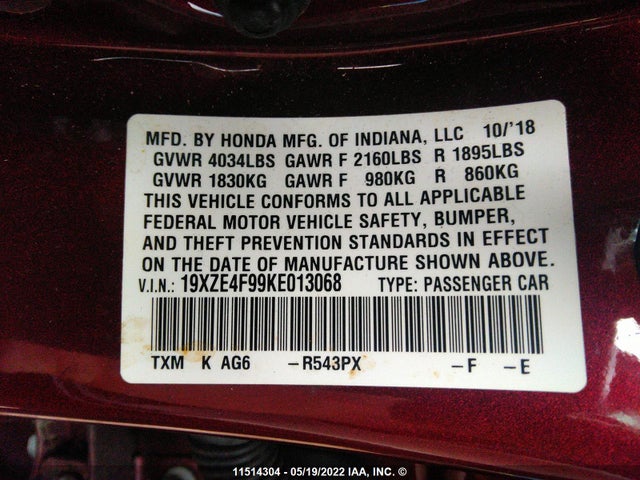 Honda Insight Touring 2019 19XZE4F99KE013068 Image 10