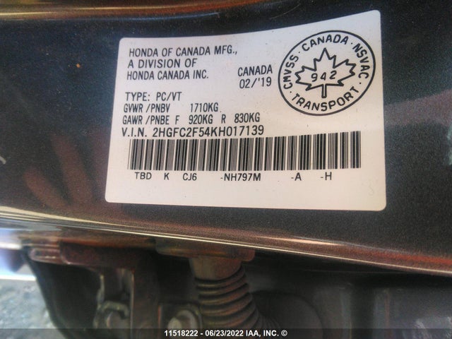 Honda Civic 2019 2HGFC2F54KH017139 Image 9