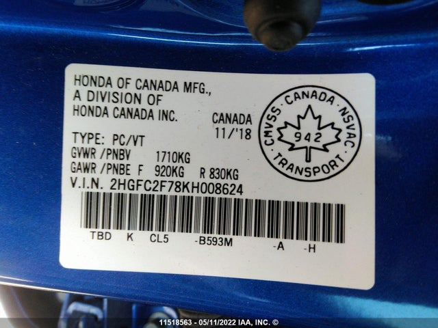 Honda Civic 2019 2HGFC2F78KH008624 Image 9