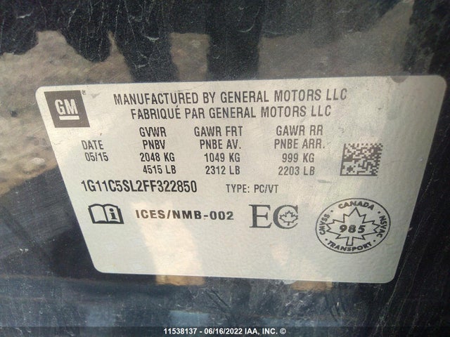 Chevrolet MALIBU 1LT 2015 1G11C5SL2FF322850 Image 9