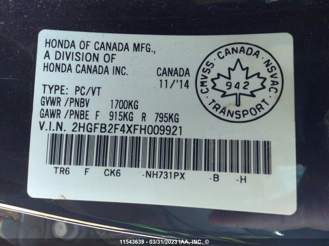 Honda Civic Lx 2015 2HGFB2F4XFH009921 Image 9