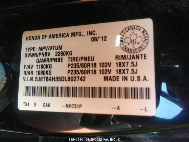 5J8TB4H35DL802742 Acura RDX