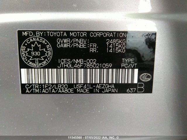 JTHGL46F785021059 Lexus Ls 460l
