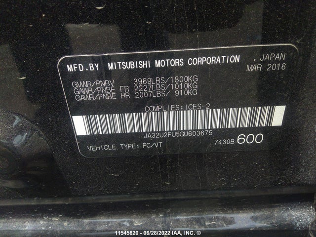 JA32U2FU5GU603675 Mitsubishi LANCER ES