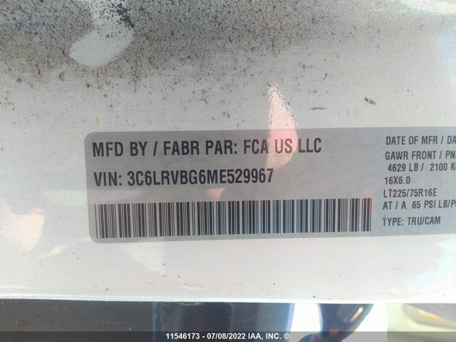 3C6LRVBG6ME529967 RAM Promaster Cargo Van