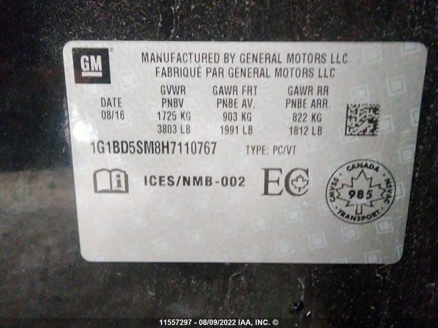 Chevrolet CRUZE LT 2017 1G1BD5SM8H7110767 Image 9