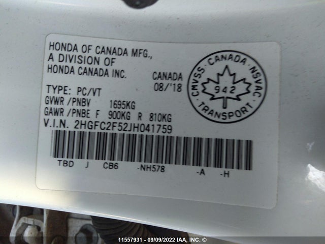 Honda Civic 2018 2HGFC2F52JH041759 Image 9