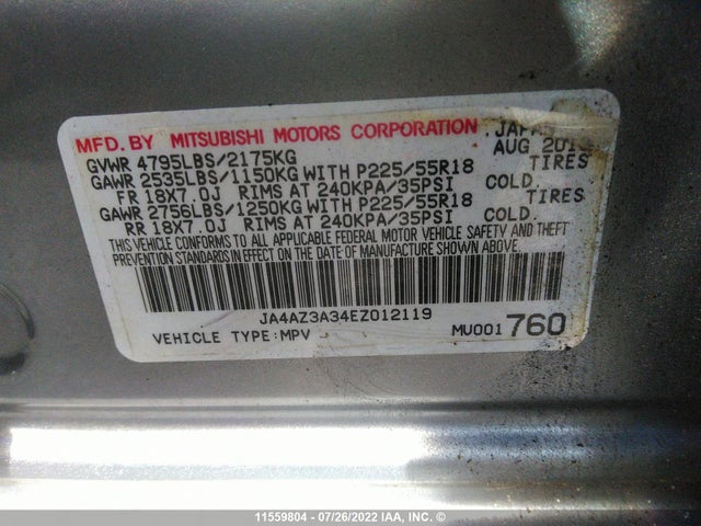 JA4AZ3A34EZ012119 Mitsubishi Outlander Se
